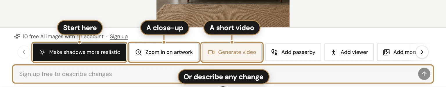 The AI buttons under the Editor's preview, labelled: Start here; A close-up; A short video; Or describe any change