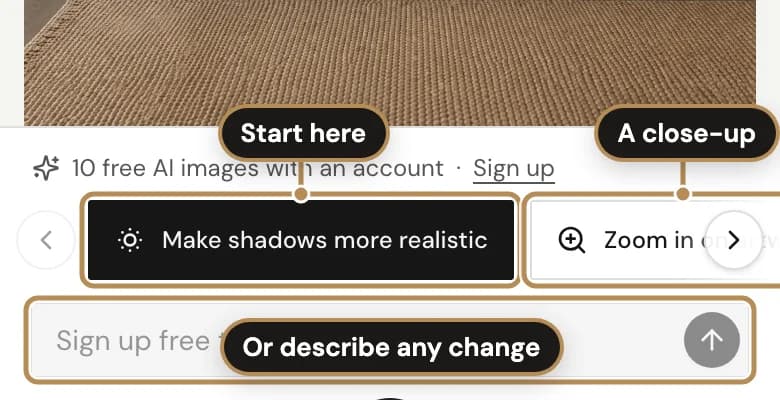 The AI buttons under the Editor's preview, labelled: Start here; A close-up; Or describe any change