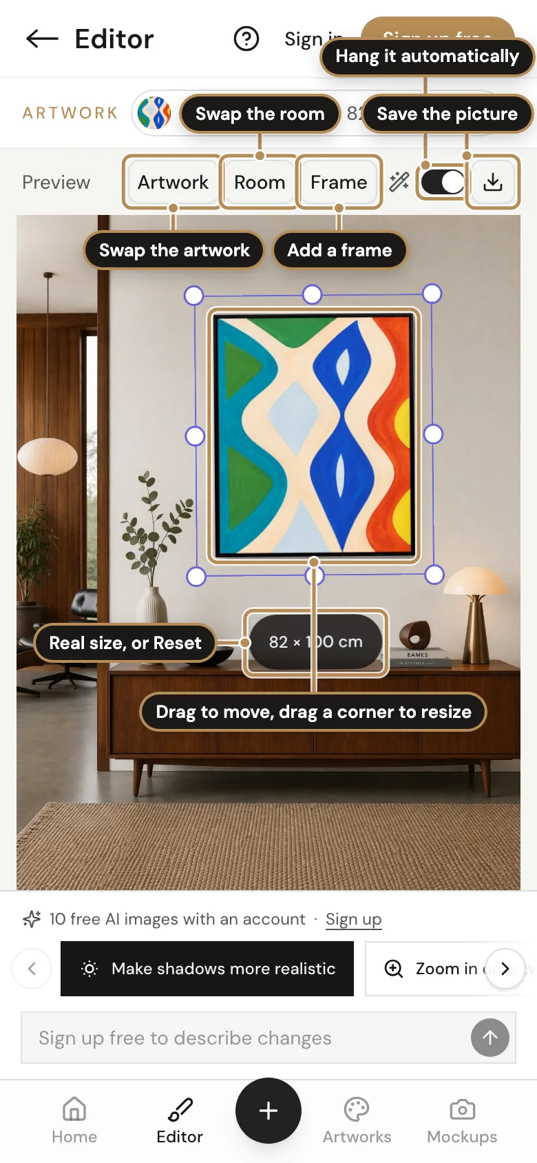 The Editor with the sample painting selected, labelled: Swap the artwork; Swap the room; Add a frame; Hang it automatically; Save the picture; Drag to move, drag a corner to resize; Real size, or Reset
