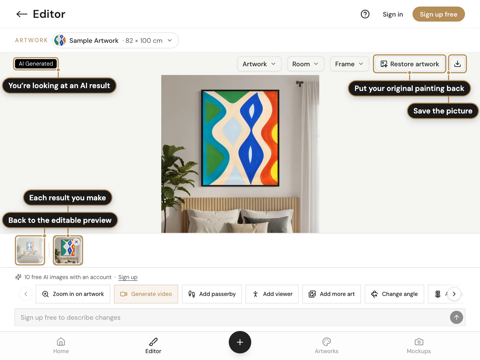 The Editor with an AI result selected, labelled: You’re looking at an AI result; Put your original painting back; Back to the editable preview; Each result you make; Save the picture