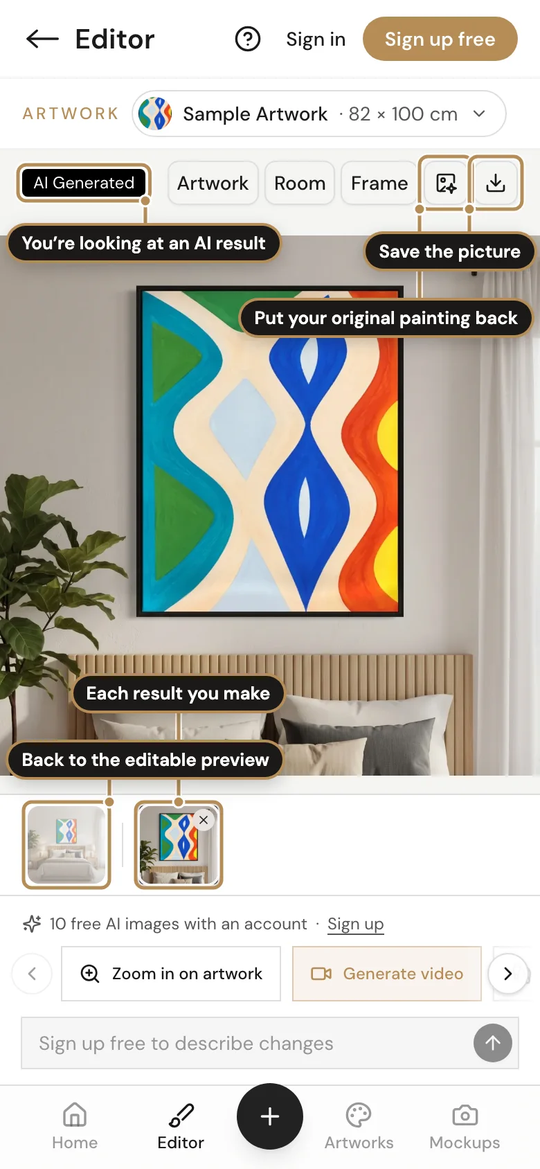 The Editor with an AI result selected, labelled: You’re looking at an AI result; Put your original painting back; Back to the editable preview; Each result you make; Save the picture