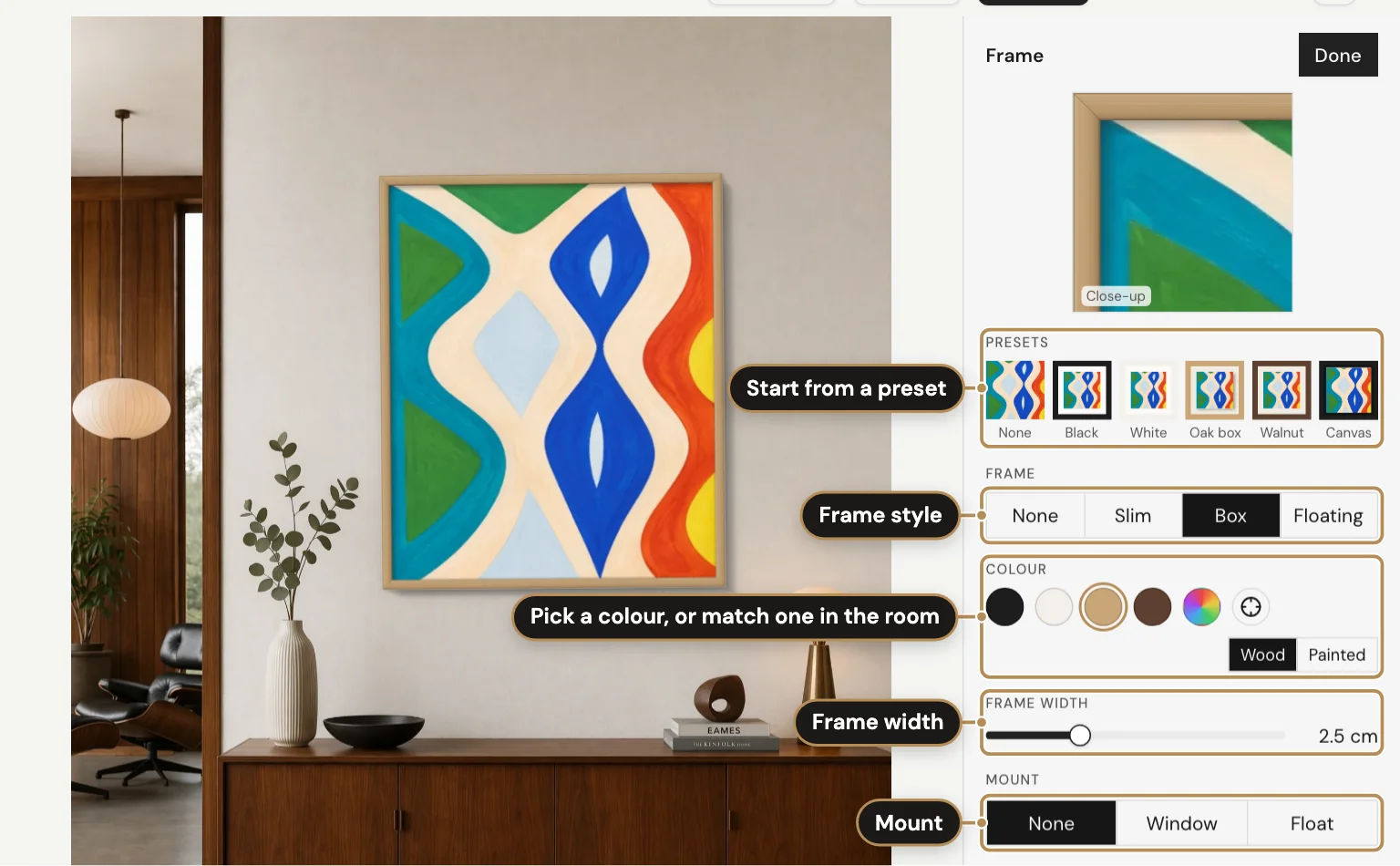The frame settings beside the room in the Editor, labelled: Start from a preset; Frame style; Pick a colour, or match one in the room; Frame width; Mount