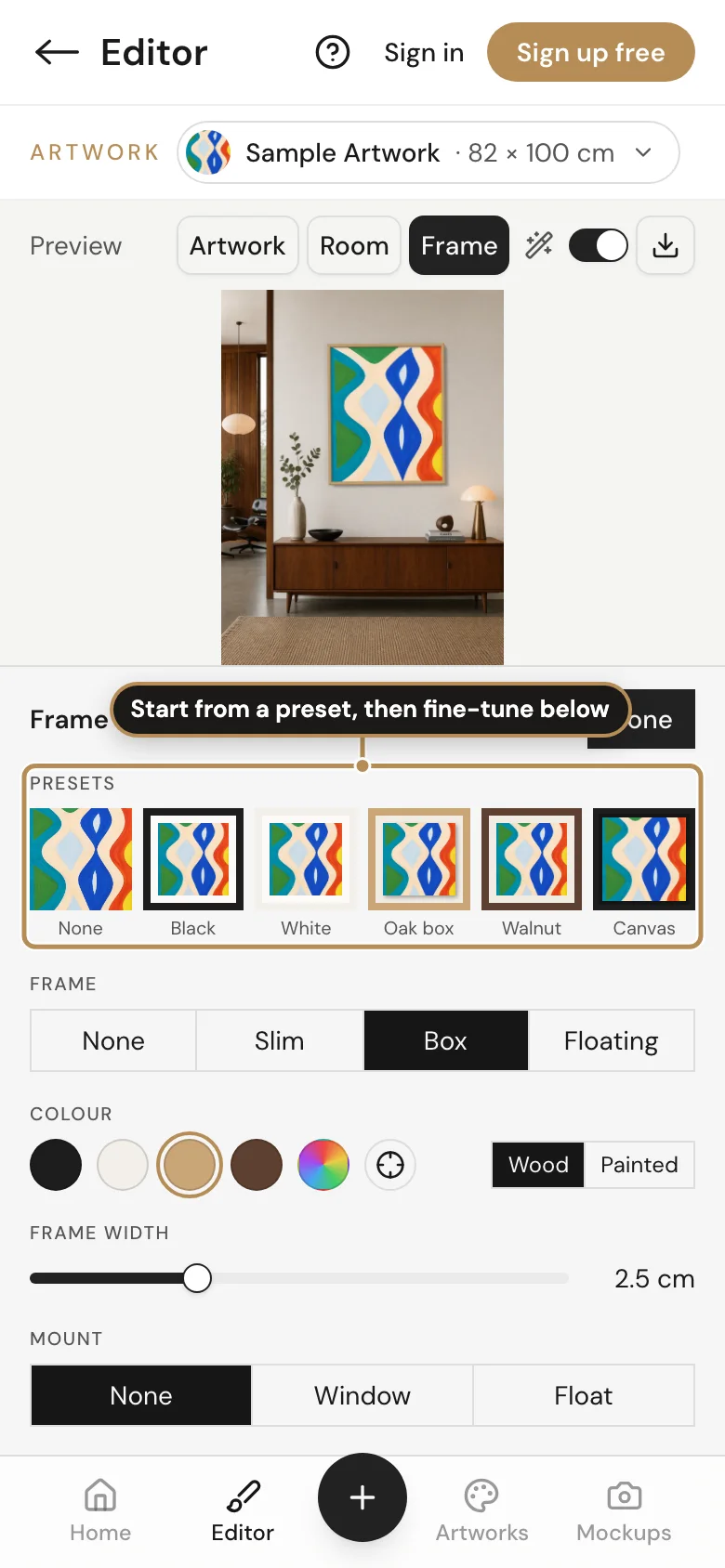 The frame settings beside the room in the Editor, labelled: Start from a preset, then fine-tune below