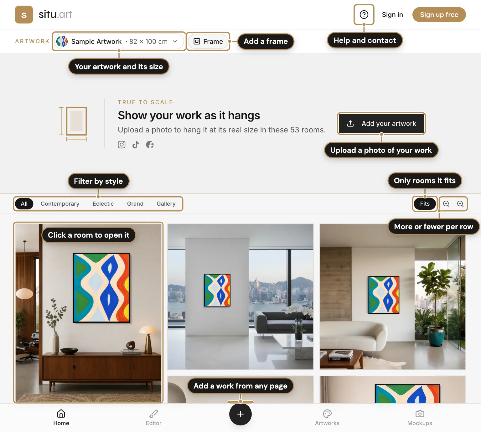 The Home page, labelled: Upload a photo of your work; Your artwork and its size; Add a frame; Filter by style; Only rooms it fits; More or fewer per row; Click a room to open it; Add a work from any page; Help and contact