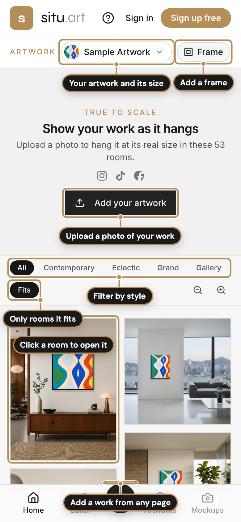 The Home page, labelled: Upload a photo of your work; Your artwork and its size; Add a frame; Filter by style; Only rooms it fits; Click a room to open it; Add a work from any page
