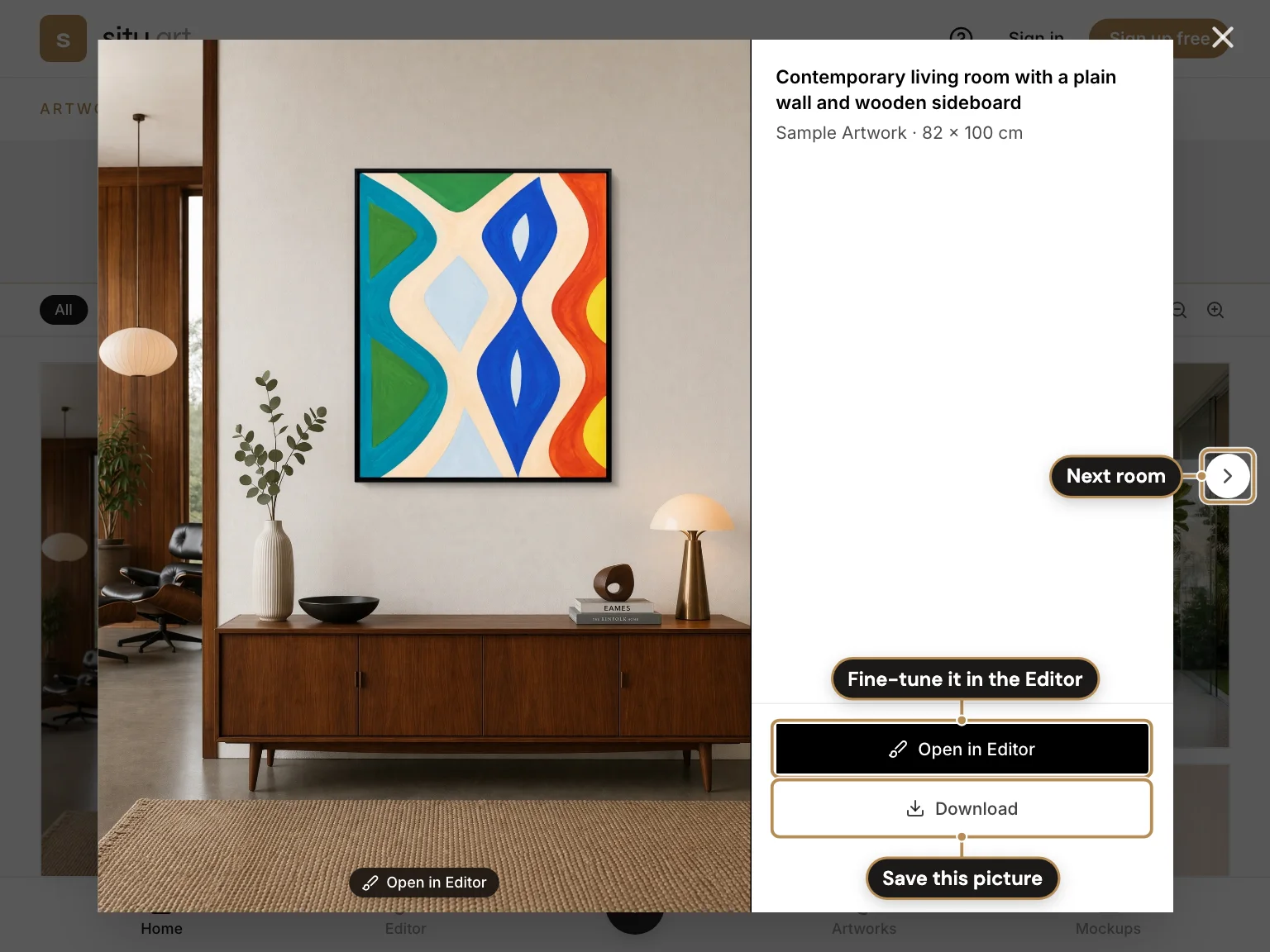 A room opened full size, labelled: Fine-tune it in the Editor; Save this picture; Next room