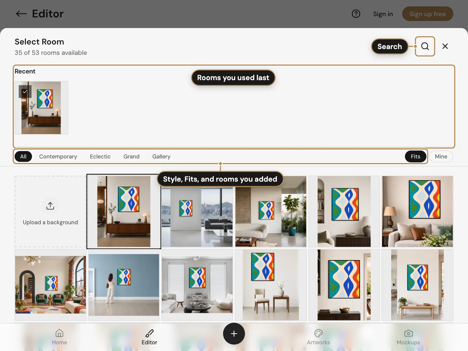 The room library in the Editor, labelled: Search; Rooms you used last; Style, Fits, and rooms you added