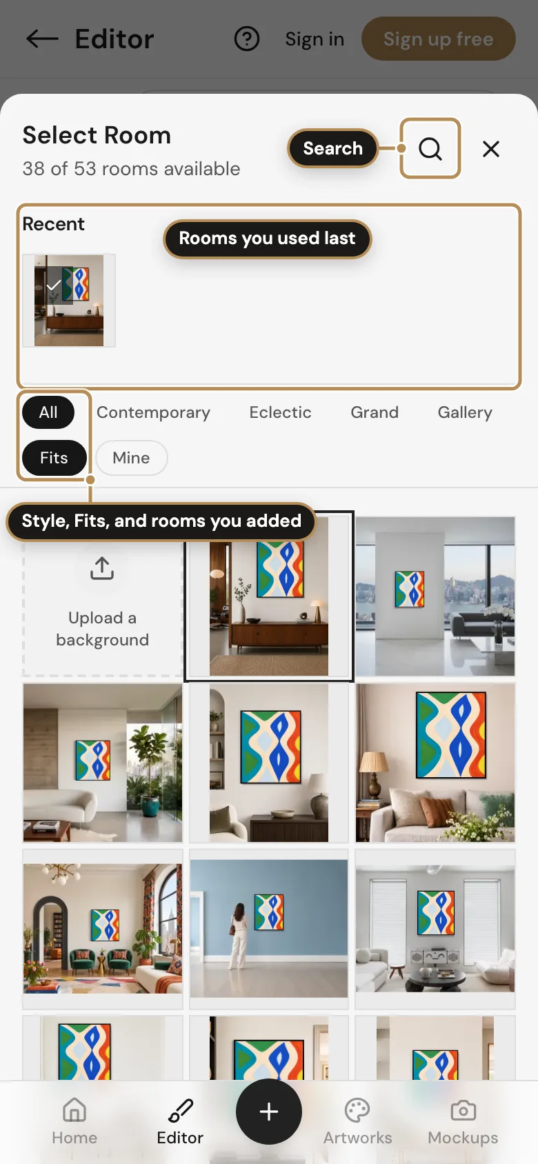 The room library in the Editor, labelled: Search; Rooms you used last; Style, Fits, and rooms you added