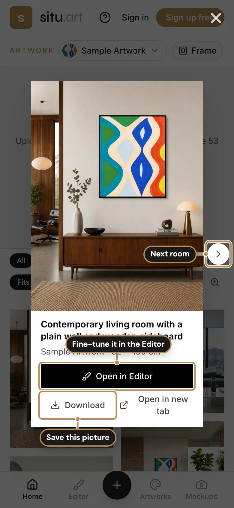 A room opened full size, labelled: Fine-tune it in the Editor; Save this picture; Next room