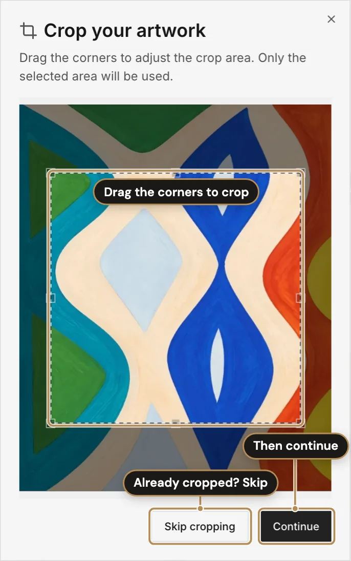 Upload step 1, cropping the photo, labelled: Drag the corners to crop; Already cropped? Skip; Then continue