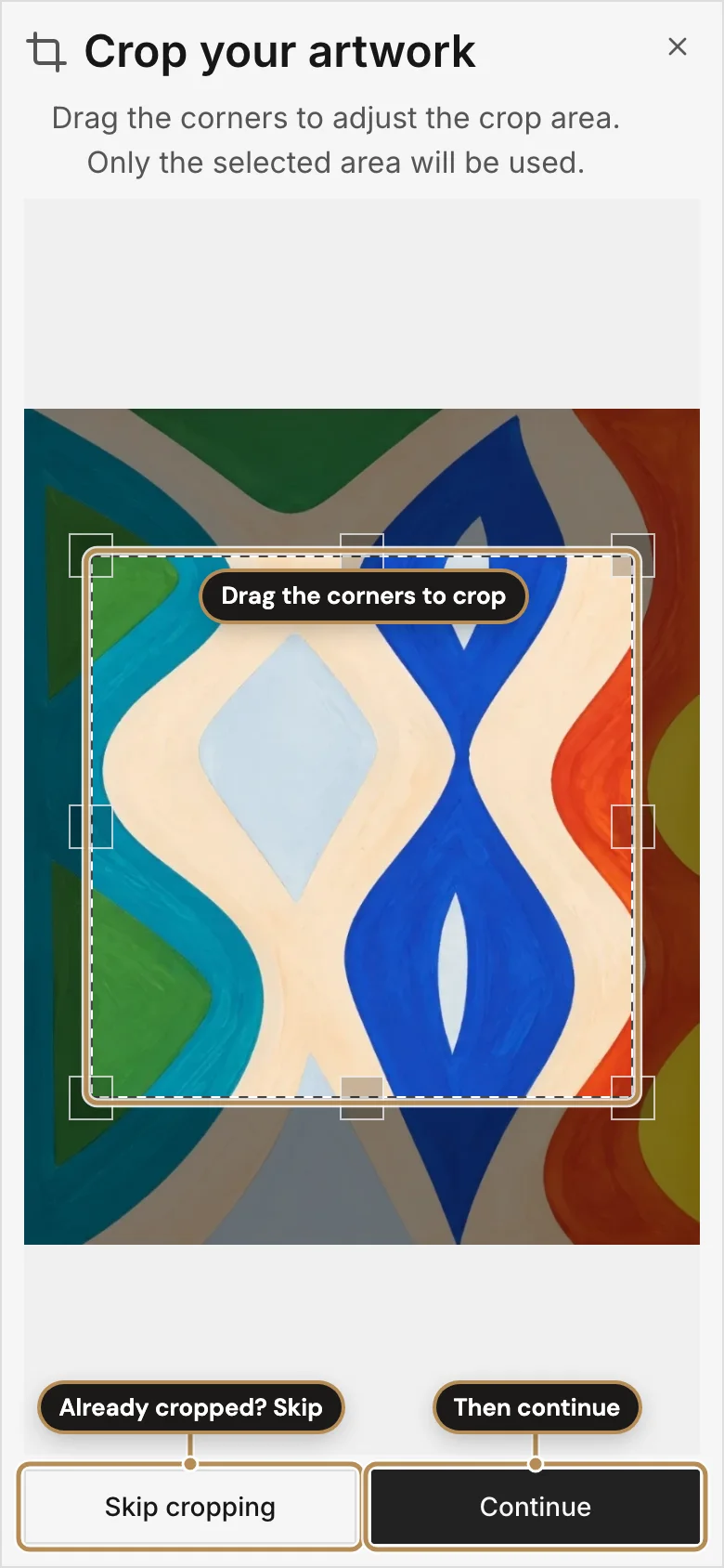 Upload step 1, cropping the photo, labelled: Drag the corners to crop; Already cropped? Skip; Then continue