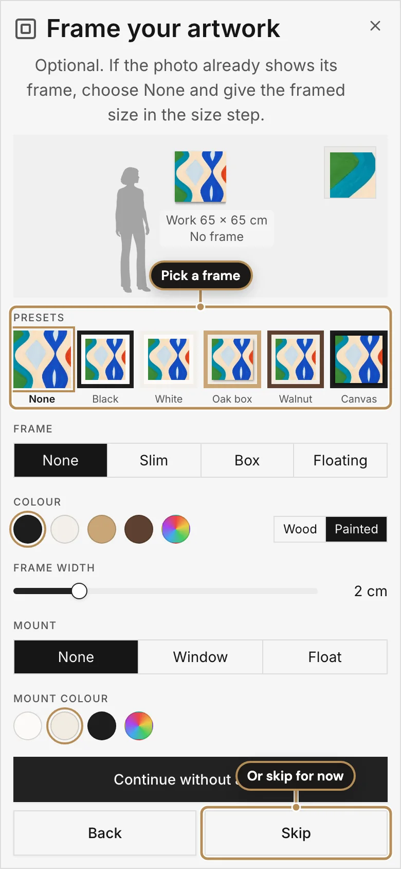 Upload step 3, choosing a frame, labelled: Pick a frame; Or skip for now